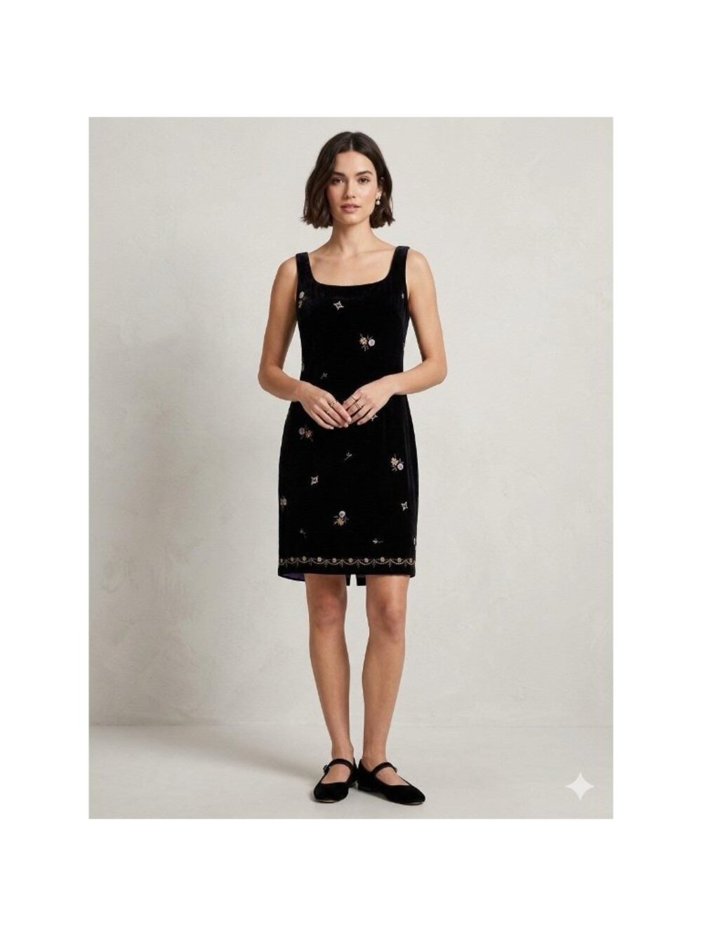 Ann Taylor Black Silk Blend Velvet Embroidered Floral Shift Dress Size 10